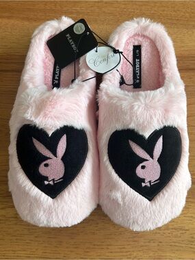 Playboy Pink Faux Fur Slip-On Comfort Slippers Bunny Heart Logo Women’s Large